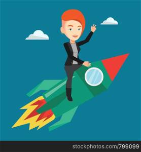 Young businesswoman flying on business start up rocket. Caucasian businesswoman waving on business start up rocket. Business start up concept. Vector flat design illustration. Square layout.. Business start up vector illustration.