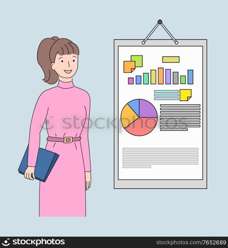 Young businesswoman in pink dress vector illustration, standing employee presenting and analyzing company&rsquo;s growth on a white board with infographics. Business Woman with Folder Board and Charts Vector