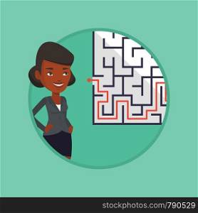 Young businesswoman looking at labyrinth with solution. Businesswoman thinking about business solution. Business solution concept. Vector flat design illustration in the circle isolated on background.. Business woman looking at labyrinth with solution