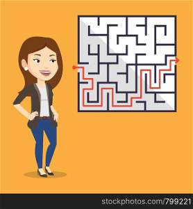 Young businesswoman looking at labyrinth with solution. Caucasian businesswoman thinking about business solution. Business solution concept. Vector flat design illustration. Square layout.. Business woman looking at labyrinth with solution