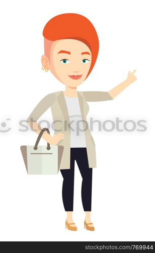 Young businesswoman pointing finger up because she came up with business idea. Businesswoman having business idea. Business idea concept. Vector flat design illustration isolated on white background.. Smiling businesswoman pointing with her forefinger