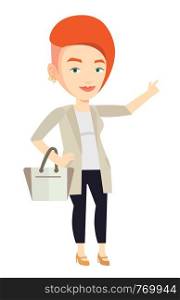 Young businesswoman pointing finger up because she came up with business idea. Businesswoman having business idea. Business idea concept. Vector flat design illustration isolated on white background.. Smiling businesswoman pointing with her forefinger