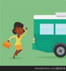 Young businesswoman running to catch bus. Upset african-american businesswoman running for an outgoing bus. Sad latecomer woman running to reach a bus. Vector flat design illustration. Square layout.. Latecomer woman running for the bus.