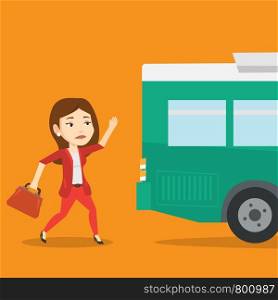 Young businesswoman running to catch bus. Upset caucasian businesswoman running for an outgoing bus. Sad latecomer woman running to reach a bus. Vector flat design illustration. Square layout.. Latecomer woman running for the bus.