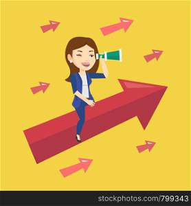 Young businesswoman searching for opportunities. Caucasian business woman using spyglass for searching of opportunities. Business opportunities concept. Vector flat design illustration. Square layout.. Business woman looking through spyglass.