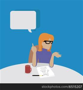 Young Businesswoman Thinking. Young businesswoman thinking and writing. Woman in purple dress sitting at the table with empty dialog window. Woman pensive. Isolated object in flat design on white background. Vector illustration