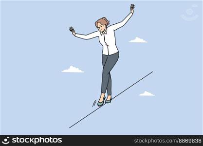 Young businesswoman walking on rope balancing in daily tasks at workplace. Female employee on tightrope show courage and risk at work. Vector illustration. . Businesswoman walking on rope