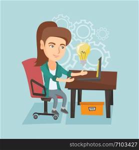 Young businesswoman working on a laptop on a new business idea. Caucasian happy business woman having a business idea. Successful business idea concept. Vector cartoon illustration. Square layout.. Woman working on a laptop on a new business idea.