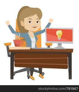 Young businesswoman working on a laptop on a new business idea. Caucasian woman having a business idea. Successful business idea concept. Vector flat design illustration isolated on white background.. Successful business idea vector illustration.