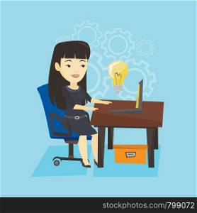 Young businesswoman working on a laptop on a new business idea. Asian happy business woman having new business idea. Successful business idea concept. Vector flat design illustration. Square layout.. Successful business idea vector illustration.