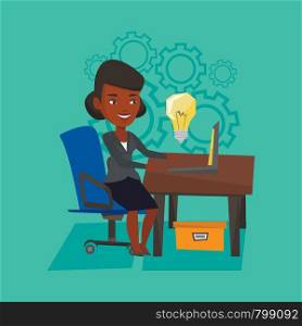 Young businesswoman working on laptop on a new business idea. An african-american happy woman having a business idea. Successful business idea concept. Vector flat design illustration. Square layout.. Successful business idea vector illustration.