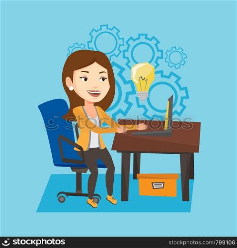 Young businesswoman working on laptop on a new business idea. Caucasian happy businesswoman having business idea. Successful business idea concept. Vector flat design illustration. Square layout.. Successful business idea vector illustration.