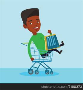 Young carefree customer having fun while riding by shopping cart. Cheerful african-american man with a lot of shopping bags sitting in shopping cart. Vector flat design illustration. Square layout.. Happy man riding by shopping trolley.
