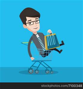 Young carefree customer having fun while riding by shopping trolley. Cheerful caucasian man with a lot of shopping bags sitting in shopping trolley. Vector flat design illustration. Square layout.. Happy man riding by shopping trolley.