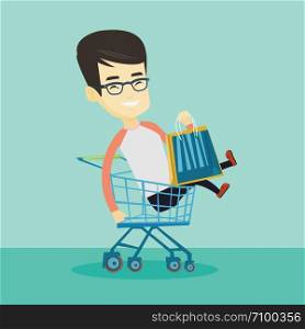Young carefree customer having fun while riding by shopping trolley. Cheerful asian customer with a lot of shopping bags sitting in shopping trolley. Vector flat design illustration. Square layout.. Happy man riding by shopping trolley.