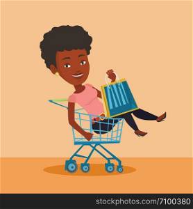 Young carefree customer having fun while riding by shopping trolley. African-american woman with a lot of shopping bags sitting in shopping trolley. Vector flat design illustration. Square layout.. Happy woman riding by shopping trolley.