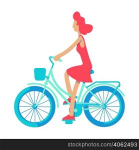 Young carefree lady riding bicycle semi flat color vector character. Posing figure. Full body person on white. Simple cartoon style illustration for web graphic design and animation. Young carefree lady riding bicycle semi flat color vector character