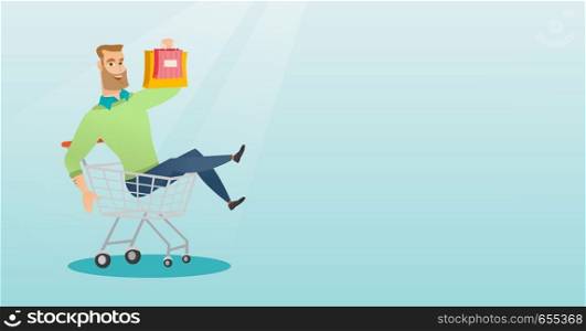 Young carefree man having fun while riding in a shopping trolley. Cheerful caucasian man with a lot of shopping bags sitting in a shopping trolley. Vector flat design illustration. Horizontal layout.. Young caucasian man riding in shopping trolley.