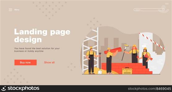 Young cartoon people constructing brick building. Flat vector illustration. Builders with shovel, trowel, paint roller standing near wall of future house. Construction, architecture, team work concept