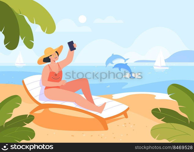 Young cartoon woman sunbathing and taking selfie on beach. Beautiful girl taking photo with mobile phone at sea flat vector illustration. Summer, vacation, seasons concept for banner or landing page