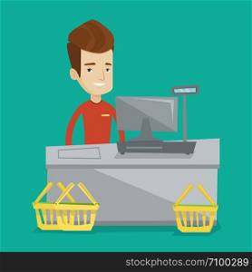 Young cashier standing at the checkout in supermarket. Male happy cashier working at checkout in a supermarket. Cashier standing near the cash register. Vector flat design illustration. Square layout.. Cashier standing at the checkout in supermarket.