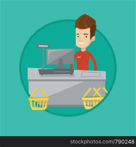 Young cashier standing at the checkout in supermarket. Happy cashier working at checkout. Cashier standing near the cash register. Vector flat design illustration in the circle isolated on background.. Cashier standing at the checkout in supermarket.