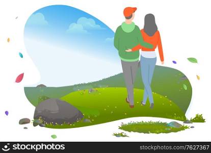Young casual couple hugging and walking on meadow with green grass. People on romantic date outdoors in mountains, nature view vector illustration. Mountain tourism. Flat cartoon. Young Casual Couple Hugging and Walking Vector