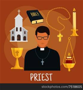 Young catholic priest icon wearing black cassock, glasses and cross with flat symbols of church building, the Bible, golden cup and candelabras with candles. Religious theme or profession design. Catholic priest with religious symbols, flat style