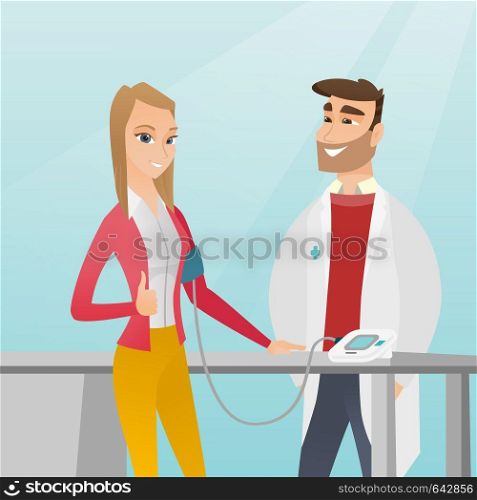 Young caucasain woman checking blood pressure with a digital blood pressure meter. Happy woman gives thumb up while doctor measures her blood pressure. Vector flat design illustration. Square layout.. Blood pressure measurement vector illustration.