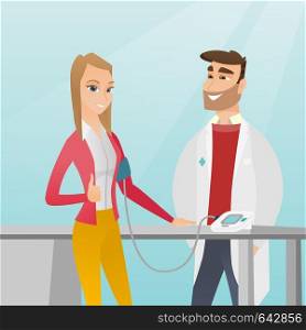 Young caucasain woman checking blood pressure with a digital blood pressure meter. Happy woman gives thumb up while doctor measures her blood pressure. Vector flat design illustration. Square layout.. Blood pressure measurement vector illustration.
