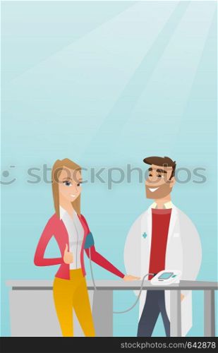 Young caucasain woman checking blood pressure with a digital blood pressure meter. Happy woman gives thumb up while doctor measures her blood pressure. Vector flat design illustration. Vertical layout. Blood pressure measurement vector illustration.
