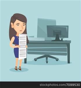 Young caucasian accountant standing in the office with a long bill in hands. Disappointed accountant holding a long bill. Accountant looking at long bill. Vector cartoon illustration. Square layout.. Young caucasian accountant holding long bill.