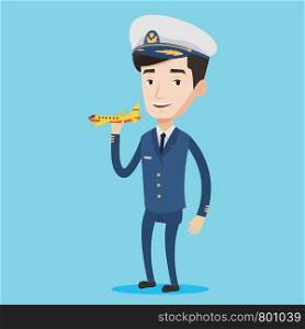 Young caucasian airline pilot holding a model airplane in hand. Cheerful airline pilot in uniform. Smiling confident pilot. Pilot with model airplane. Vector flat design illustration. Square layout.. Cheerful airline pilot with model airplane.