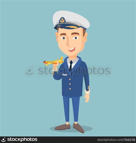 Young caucasian airline pilot holding a model of airplane in hand. Cheerful airline pilot in uniform. Smiling pilot with model of airplane. Vector flat design illustration. Square layout.. Cheerful airline pilot with model of airplane.