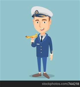 Young caucasian airline pilot holding a model of airplane in hand. Cheerful airline pilot in uniform. Smiling pilot with model of airplane. Vector flat design illustration. Square layout.. Cheerful airline pilot with model of airplane.