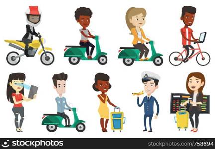 Young caucasian airline pilot holding a model of airplane in hand. Cheerful airline pilot in uniform. Pilot with model airplane. Set of vector flat design illustrations isolated on white background.. Transportation vector set with people traveling.