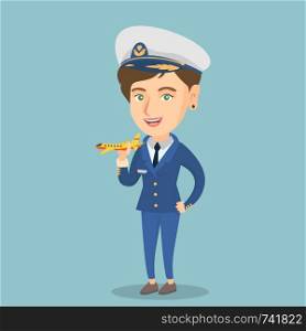 Young caucasian airline pilot holding the model of airplane in hand. Cheerful female airline pilot in uniform. Smiling pilot with the model of airplane. Vector cartoon illustration. Square layout.. Cheerful airline pilot with the model of airplane.