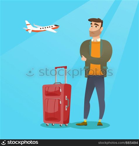 Young caucasian airplane passenger frightened by future flight. Man suffering from fear of flying. Terrified passenger with suitcase waiting for a flight. Vector cartoon illustration. Square layout.. Caucasian man suffering from fear of flying.