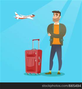 Young caucasian airplane passenger frightened by future flight. Man suffering from fear of flying. Terrified passenger with suitcase waiting for a flight. Vector cartoon illustration. Square layout.. Caucasian man suffering from fear of flying.