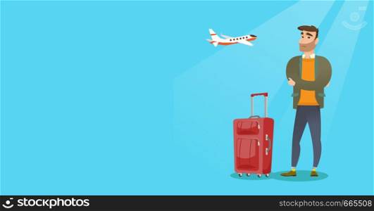 Young caucasian airplane passenger frightened by future flight. Man suffering from fear of flying. Terrified passenger with suitcase waiting for flight. Vector cartoon illustration. Horizontal layout.. Caucasian man suffering from fear of flying.