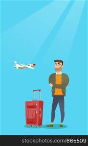 Young caucasian airplane passenger frightened by future flight. Man suffering from fear of flying. Terrified passenger with suitcase waiting for a flight. Vector cartoon illustration. Vertical layout.. Caucasian man suffering from fear of flying.