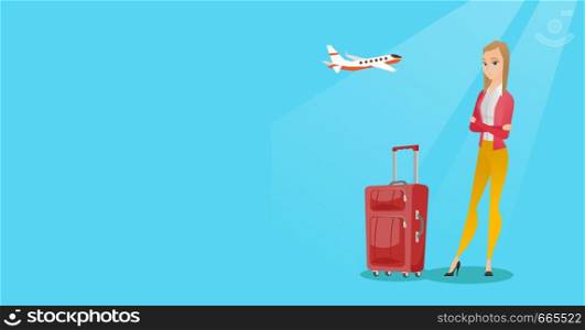 Young caucasian airplane passenger frightened by future flight. Woman suffering from fear of flying. Scared passenger with suitcase waiting for a flight. Vector cartoon illustration. Horizontal layout. Caucasian woman suffering from fear of flying.