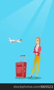 Young caucasian airplane passenger frightened by future flight. Woman suffering from fear of flying. Scared passenger with suitcase waiting for a flight. Vector cartoon illustration. Vertical layout.. Caucasian woman suffering from fear of flying.