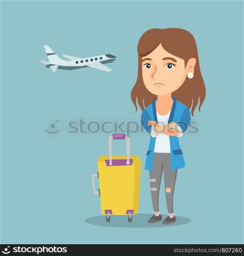 Young caucasian airplane passenger frightened by future flight. Woman suffering from fear of flying. Terrified passenger with suitcase waiting for a flight. Vector cartoon illustration. Square layout.. Caucasian woman suffering from fear of flying.