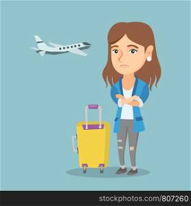 Young caucasian airplane passenger frightened by future flight. Woman suffering from fear of flying. Terrified passenger with suitcase waiting for a flight. Vector cartoon illustration. Square layout.. Caucasian woman suffering from fear of flying.