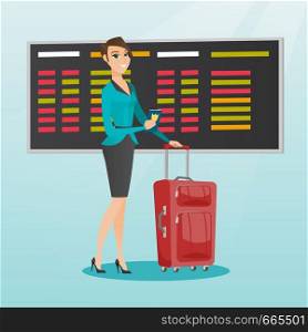 Young caucasian airplane passenger waiting for a flight at the airport and holding passport. Happy woman standing at the airport with suitcase and passport. Vector cartoon illustration. Square layout.. Caucasian airplane passenger holding passport.