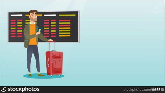Young caucasian airplane passenger waiting for a flight at the airport and holding passport. Hipster man standing at airport with suitcase and passport. Vector cartoon illustration. Horizontal layout.. Caucasian airplane passenger holding passport.