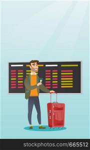 Young caucasian airplane passenger waiting for a flight at the airport and holding passport. Hipster man standing at airport with suitcase and passport. Vector cartoon illustration. Vertical layout.. Caucasian airplane passenger holding passport.