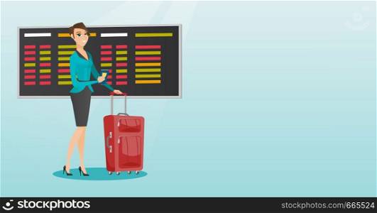 Young caucasian airplane passenger waiting for a flight at the airport and holding passport. Happy woman standing at airport with suitcase and passport. Vector cartoon illustration. Horizontal layout.. Caucasian airplane passenger holding passport.
