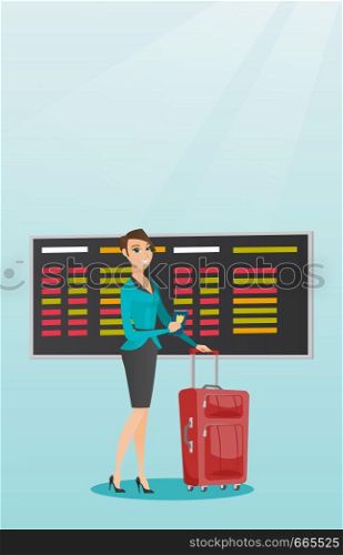 Young caucasian airplane passenger waiting for a flight at the airport and holding passport. Happy woman standing at airport with suitcase and passport. Vector cartoon illustration. Vertical layout.. Caucasian airplane passenger holding passport.